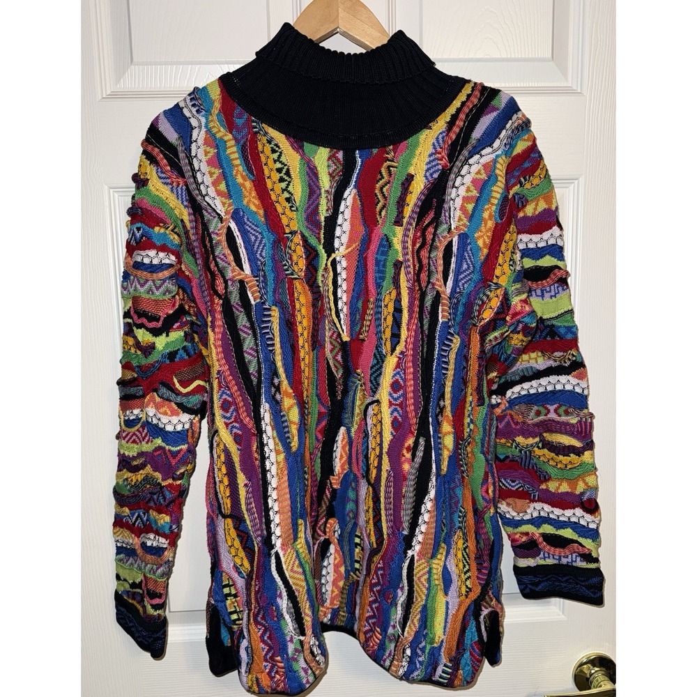 COOGI 3D Knit Sweater Large MultiColor Abstract Turtleneck Textured Mercerized